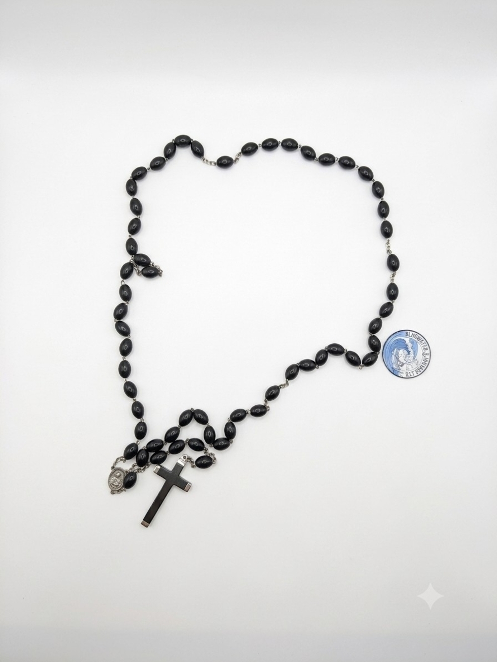 Mid-Century Italian Black Wood Rosary Silver Tone Crucifix Sacred Heart - Picture 4 of 8